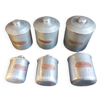 Series of 6 aluminum spice jars