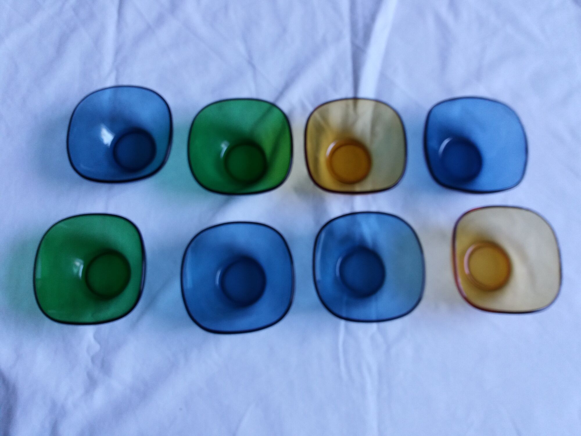 Vereco amber, blue and green glass cups set of 8