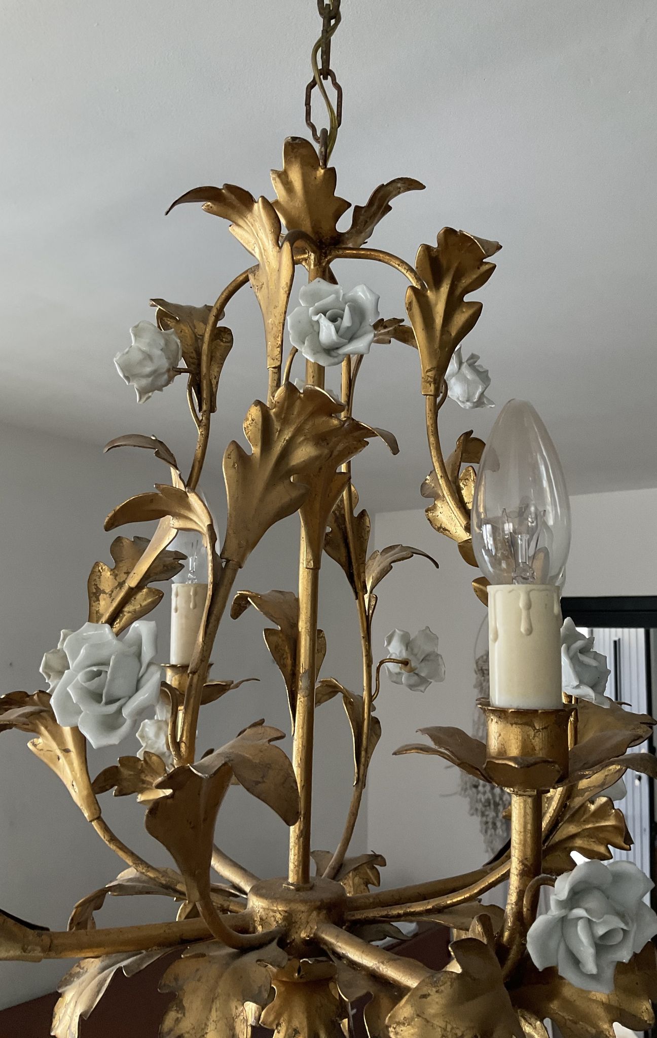 Italian cage chandelier golden leaves and porcelain flowers