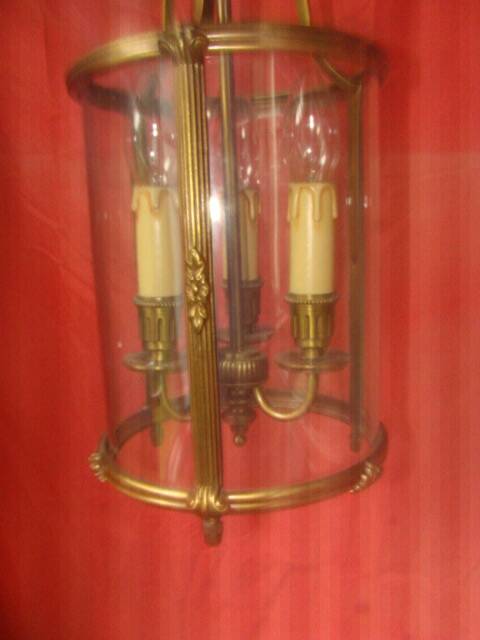 cylindrical bronze and glass vestibule lantern with 3 candle holders