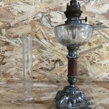 Old kerosene lamp with marble metal pedestal & crystal body + vintage tube
