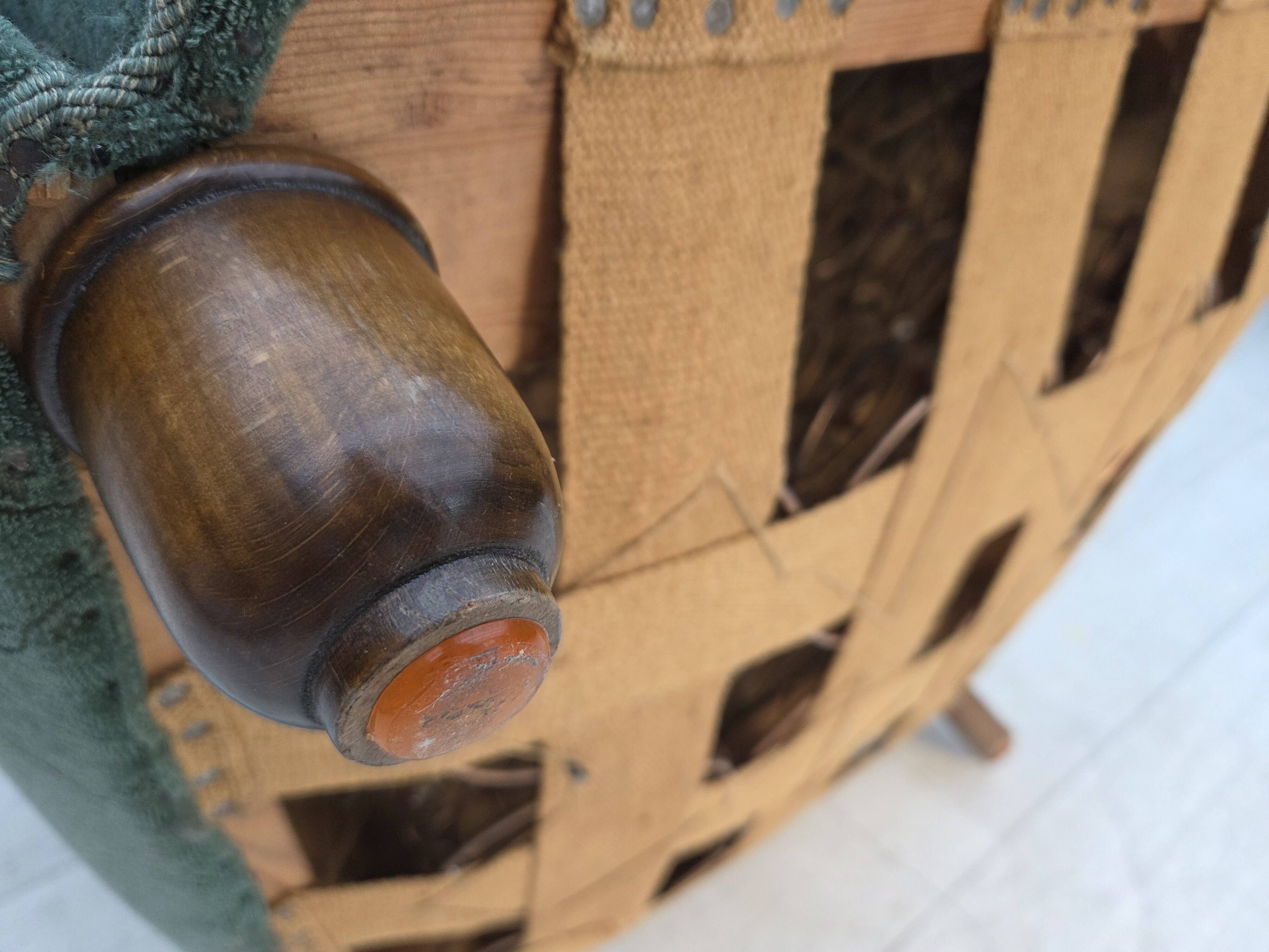 1960s, Danish armchair, light green furniture wool, oak wood legs.