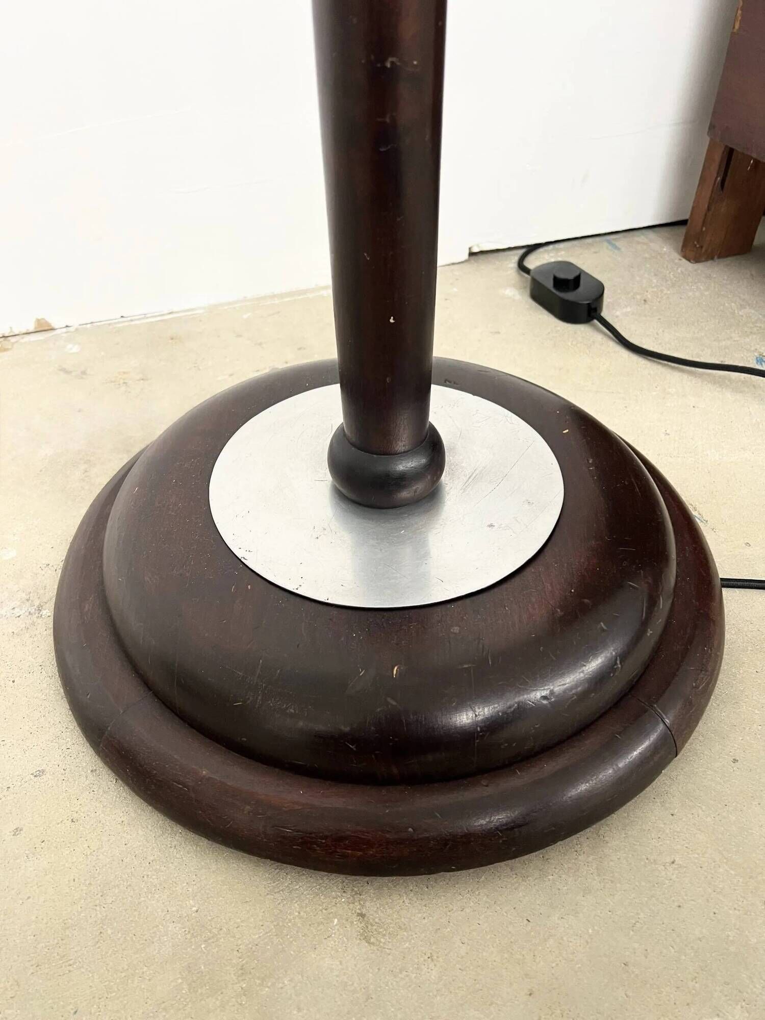 Mazda Art Deco floor lamp (1940s) – Stained wooden stem & frosted glass shade