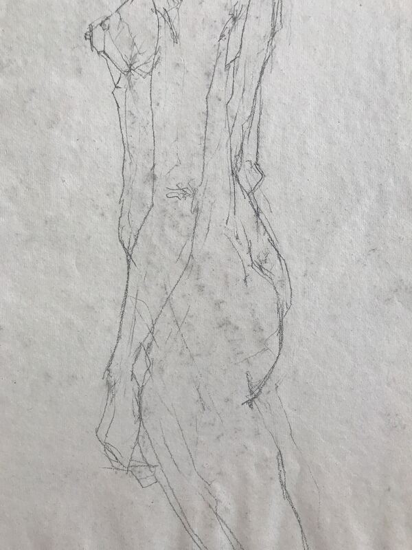 Croquis au crayon sur papier de robert haisley, figure contemporaine debout (étude de profil)