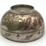 Antique ISLAMIC BOWL in tinned BRASS with engraved decoration and colored patterns