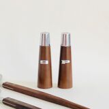 Set of Scandinavian salad cutlery, salt and pepper shaker in teak and steel