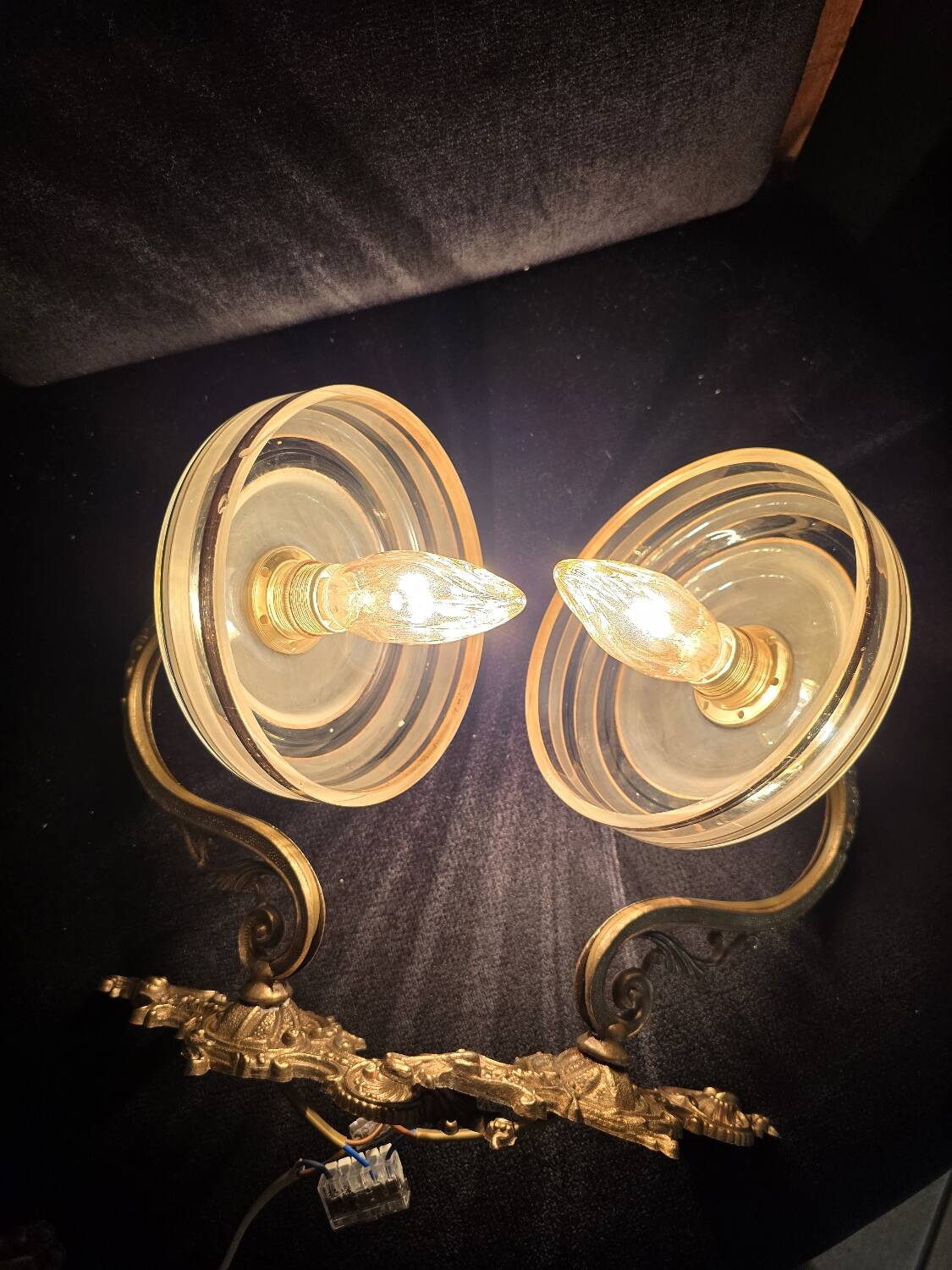 Brass wall sconces and Czechoslovak Art Deco globes