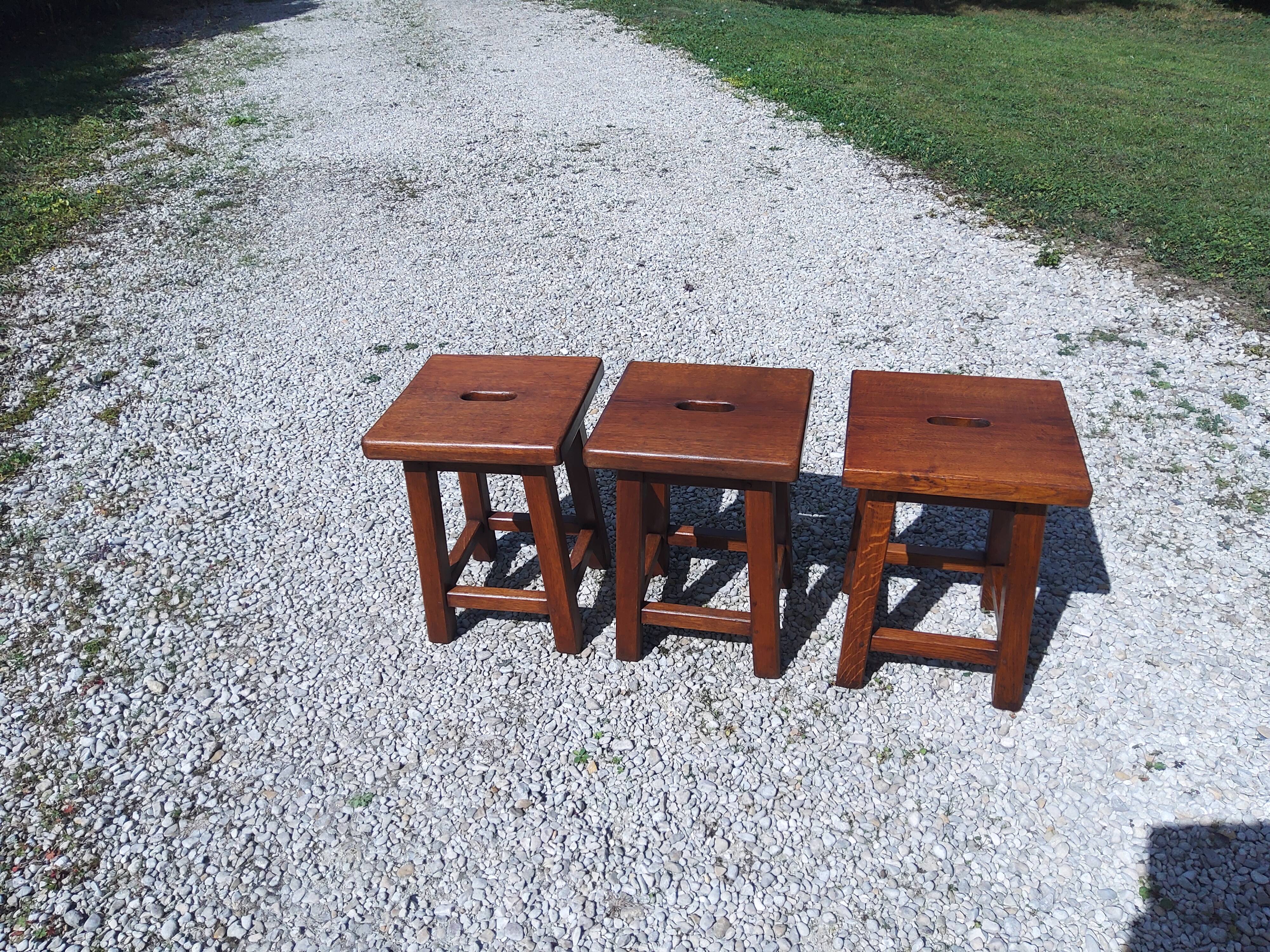 3 solid oak stools, 1980s