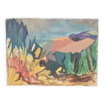 Danish tableau from the 1960s on canvas, colourful art of mountains and valleys.