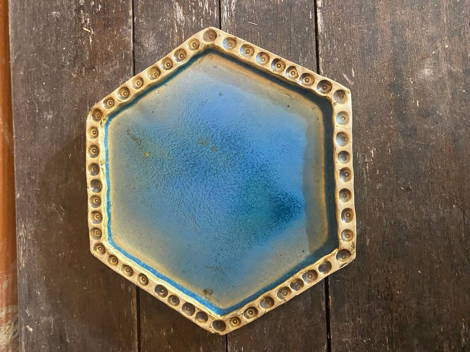 Old Enamelled Blue Stoneware Trivet France #D484