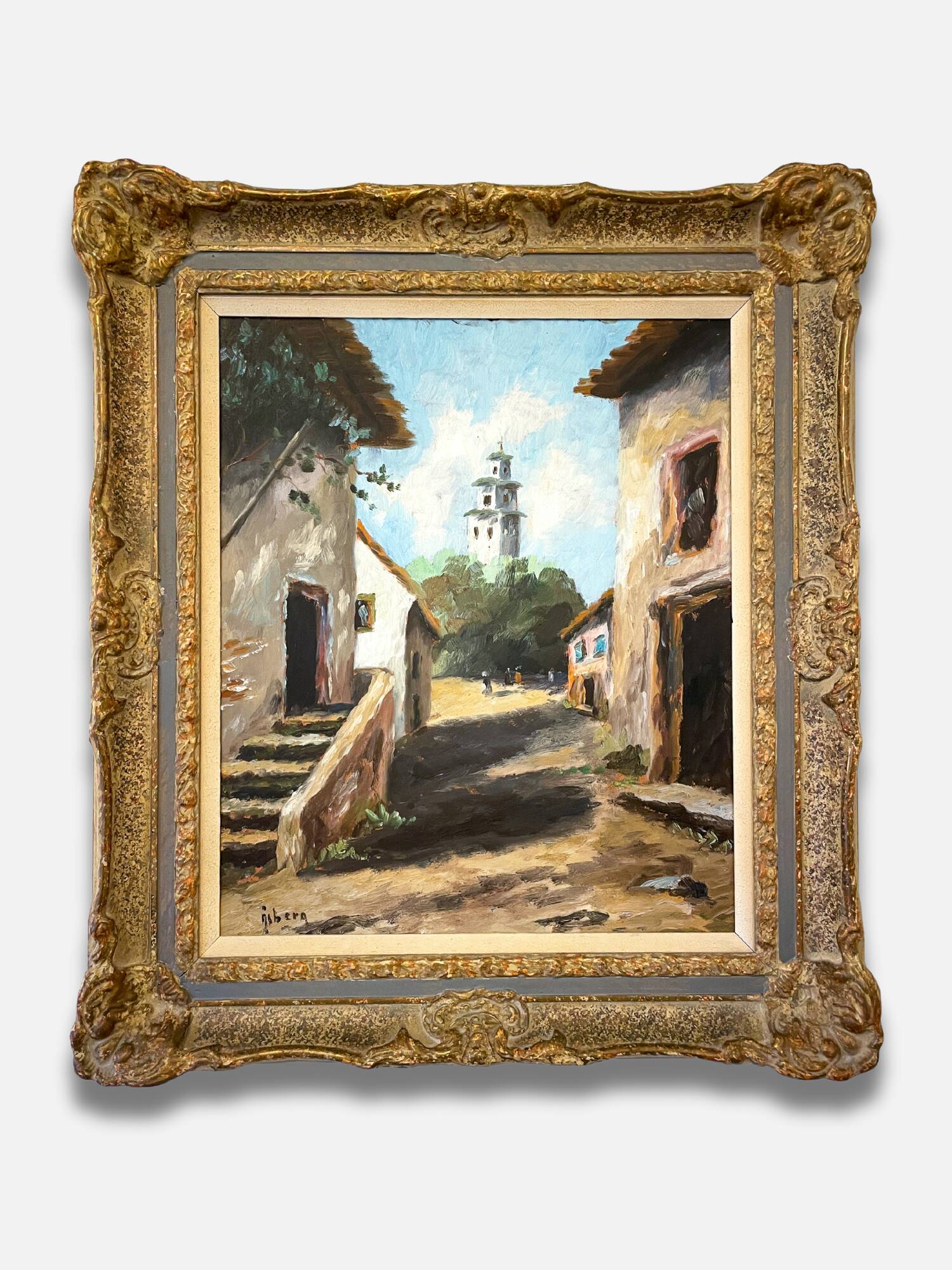 Old painting – Oil on canvas signed Stig Åsberg – Street view with tower