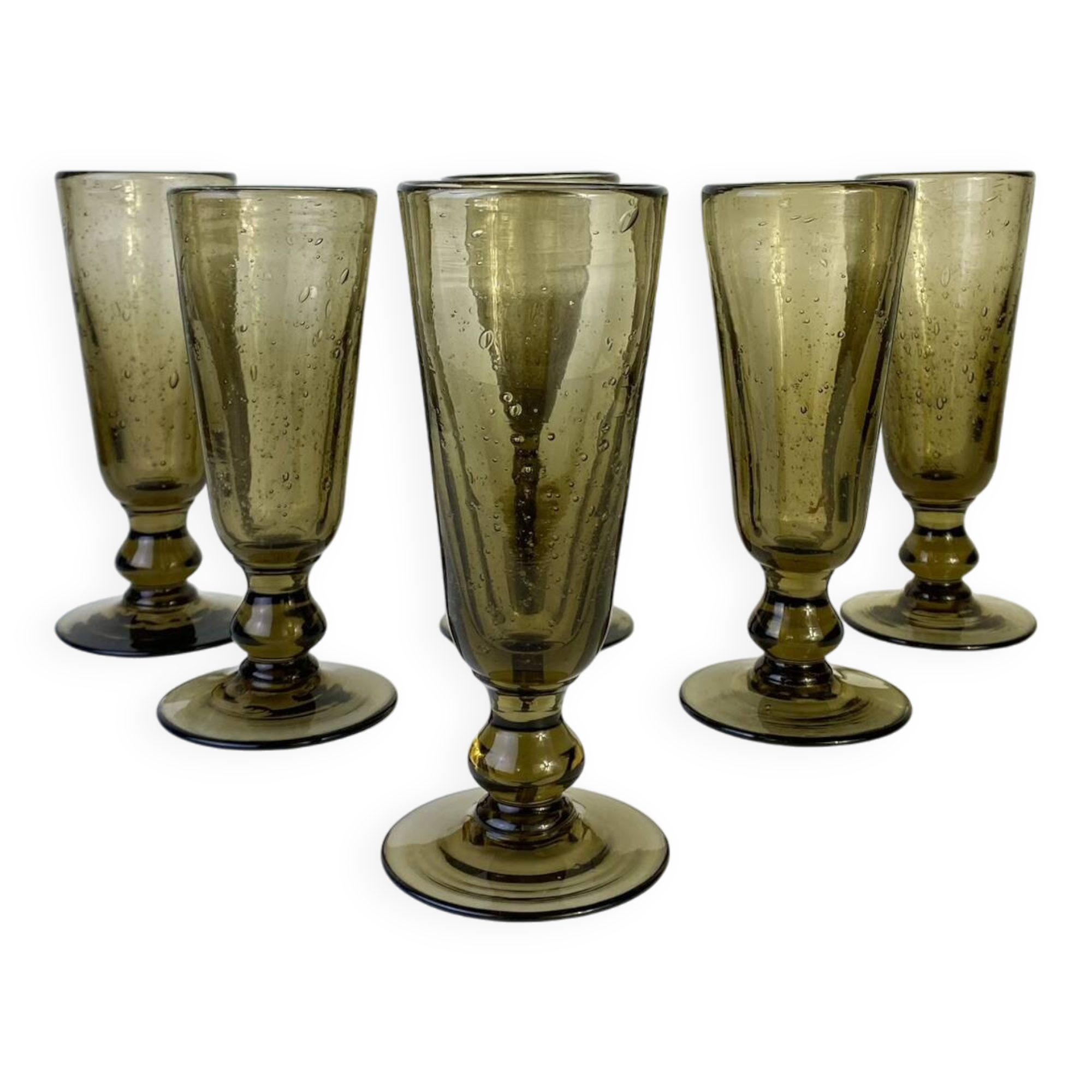 Set of 6 vintage black bubble glass champagne flutes