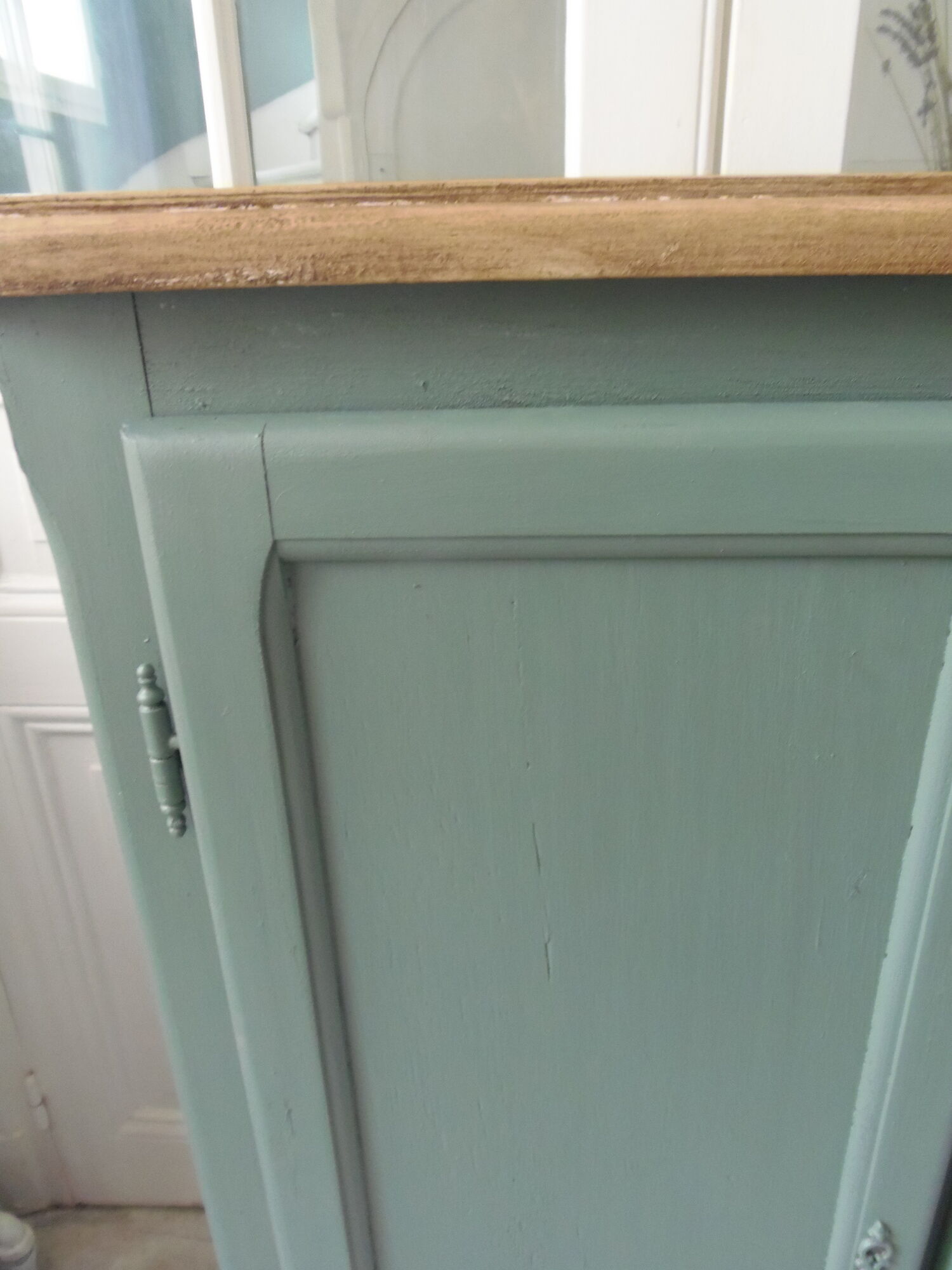 Vintage shoe cabinet smoked green wax finish, wooden top.