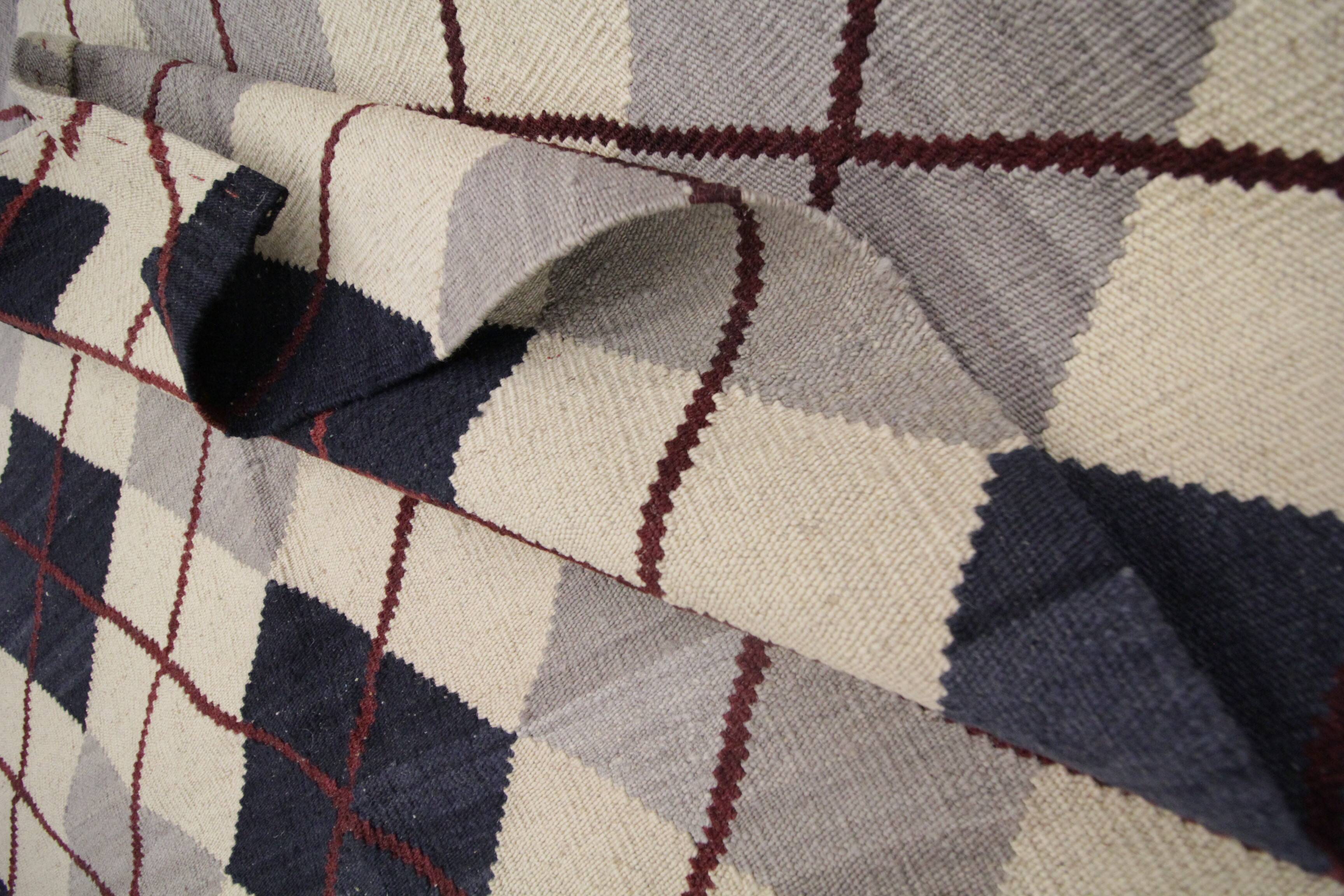 Modern Kilim blue check pattern wool kilim carpet geometric kelim area rug