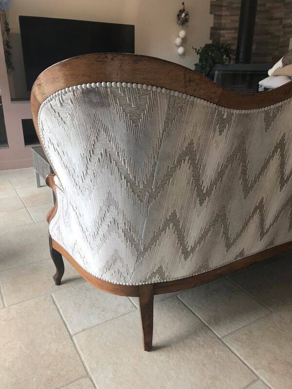 3-seater Louis Philippe Sofa / Solid Walnut & Modern Fabric