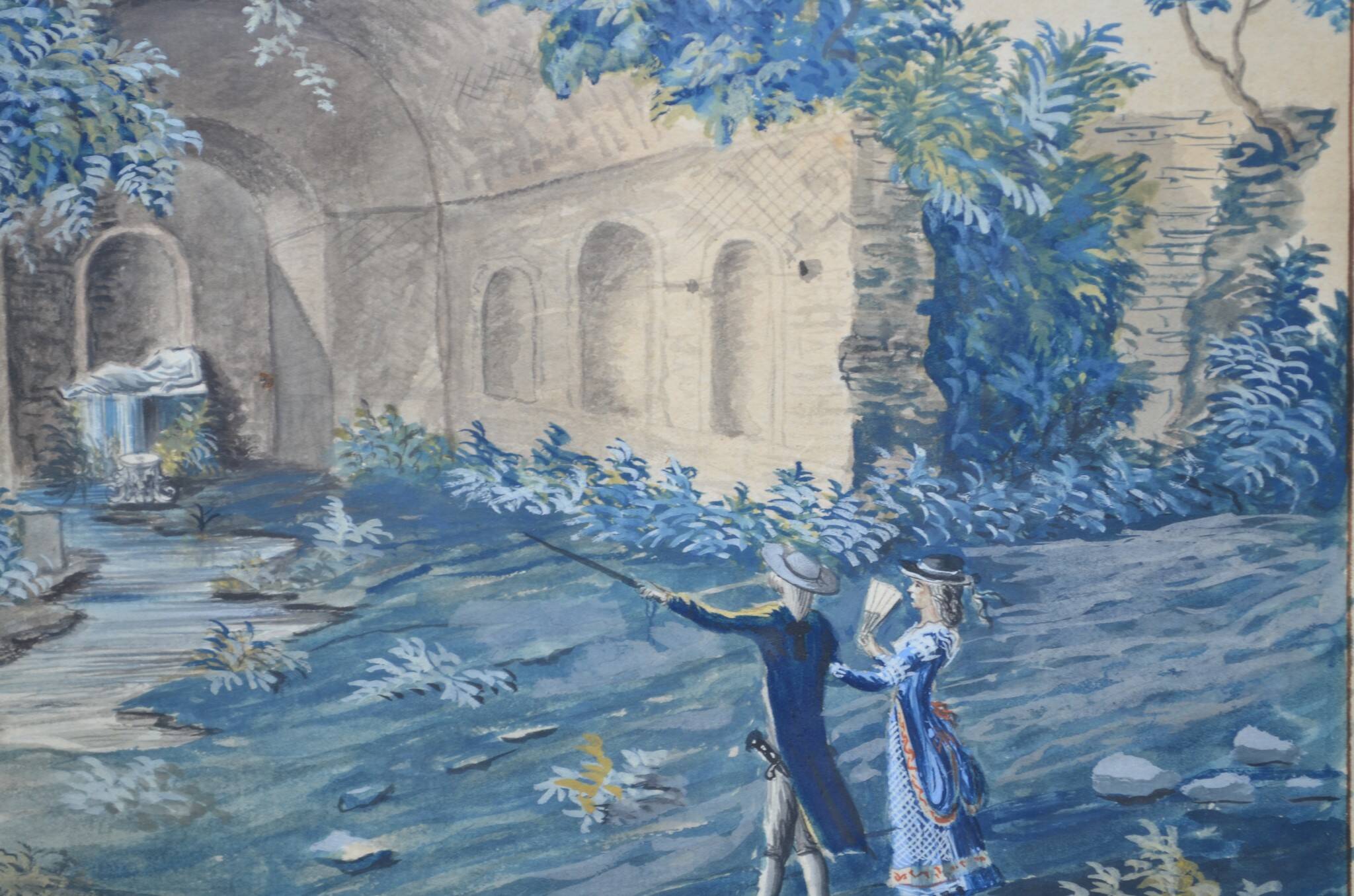 Ecole Italienne du XIXème siècle  « La source de la nymphe Egérie » Gouache