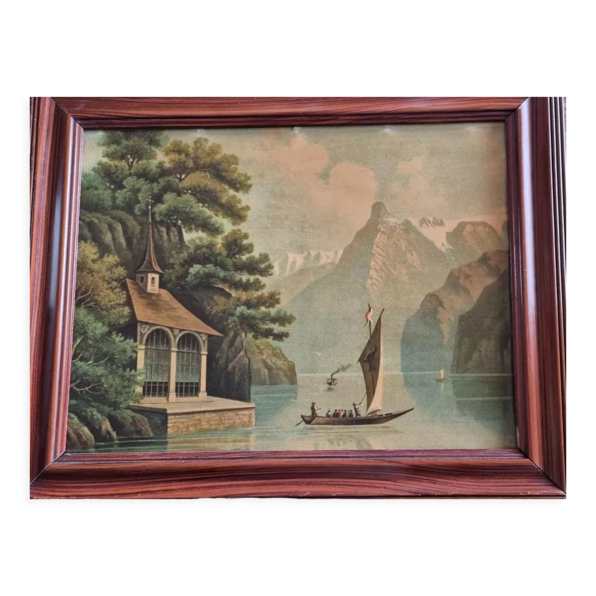 Old painting, oil on wood, representing Lake Annecy.