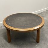 Vintage round textured slate and solid oak coffee table, France, 1970s