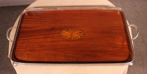 Plateau en métal argenté et acajou, 19ème siècle