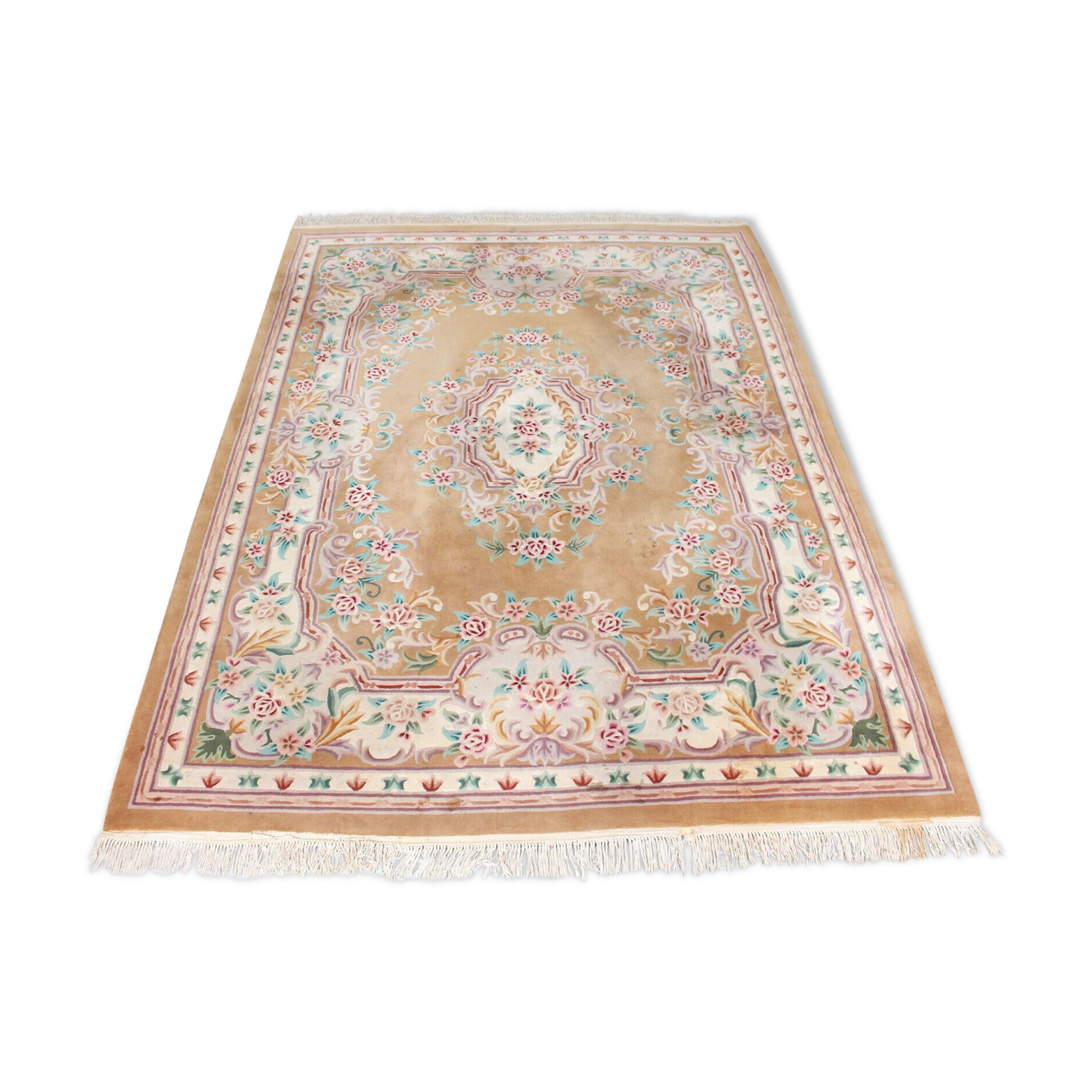 Tapis de laine chinoise à franges avec motif floral sur fond beige 396x274cm
