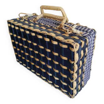 Blue rattan suitcase, wicker, French vintage, vanity