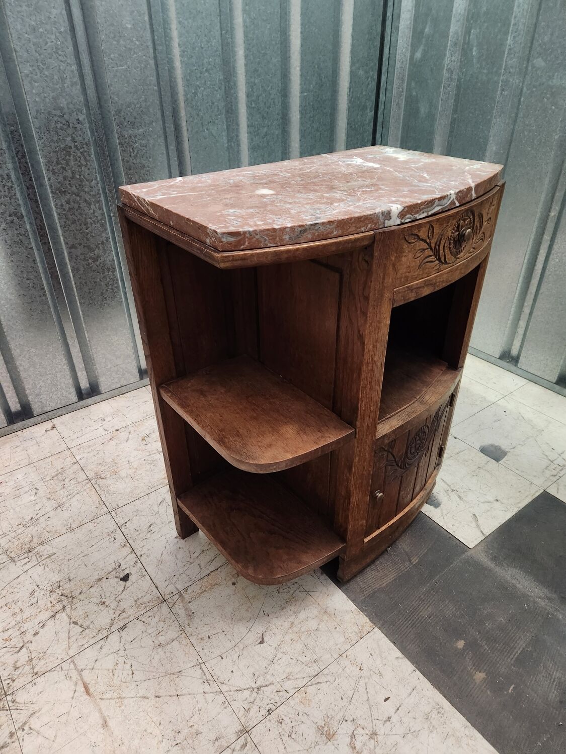 Old bedside table in wood and marble