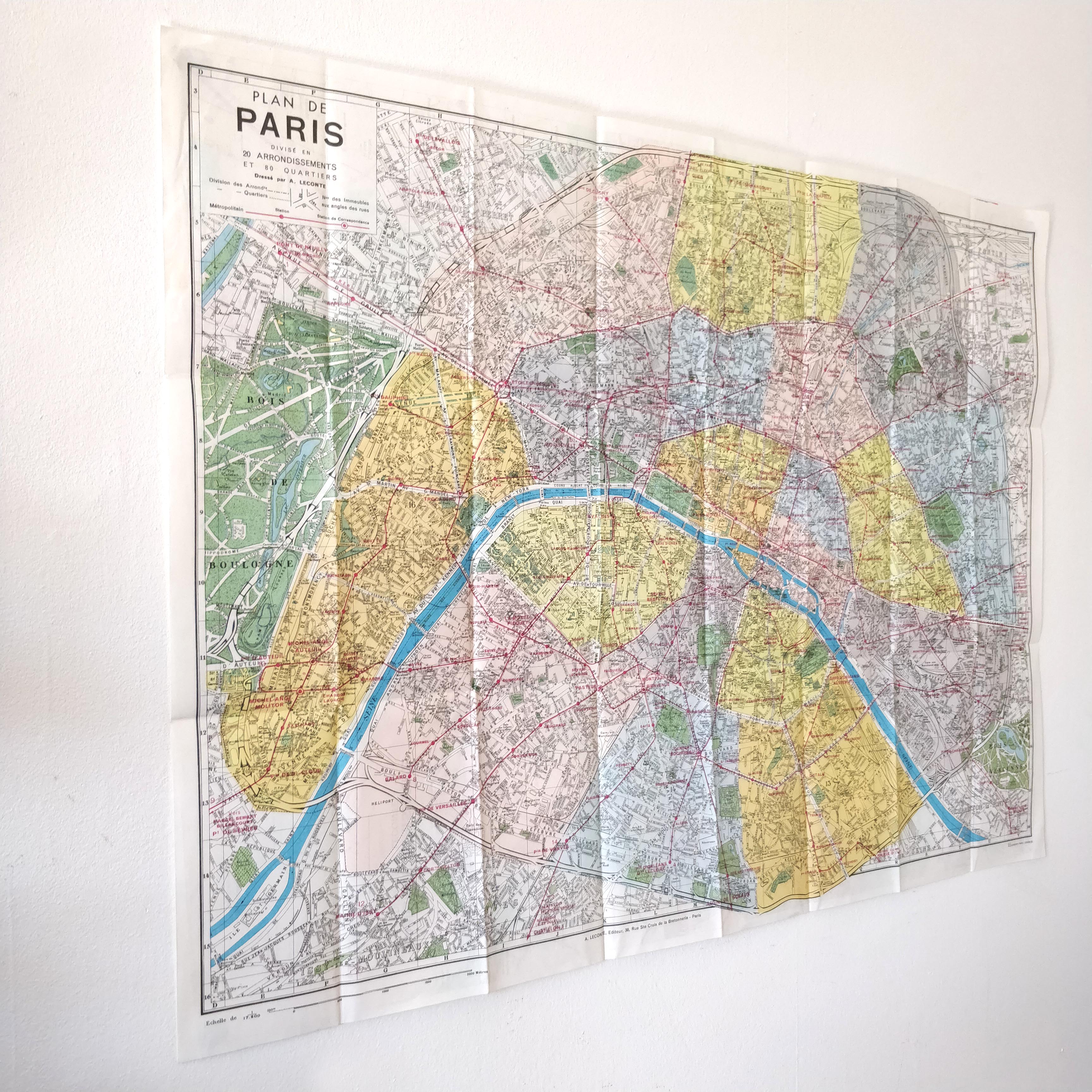Old map New Paris monumental 75x55cm edition A. Leconte 1960