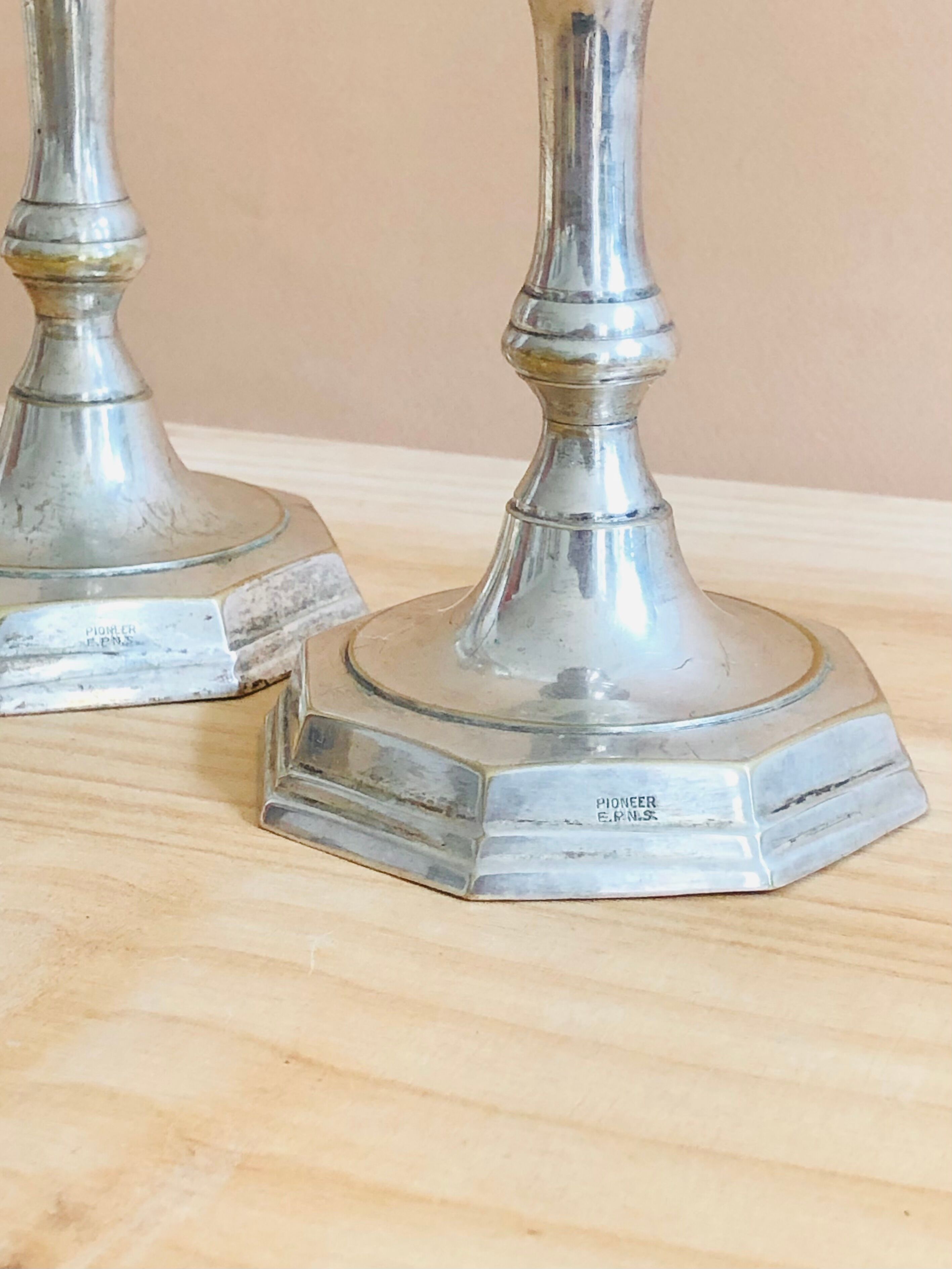 Pair of Pioneer EPNS silver-plated nickel candlesticks