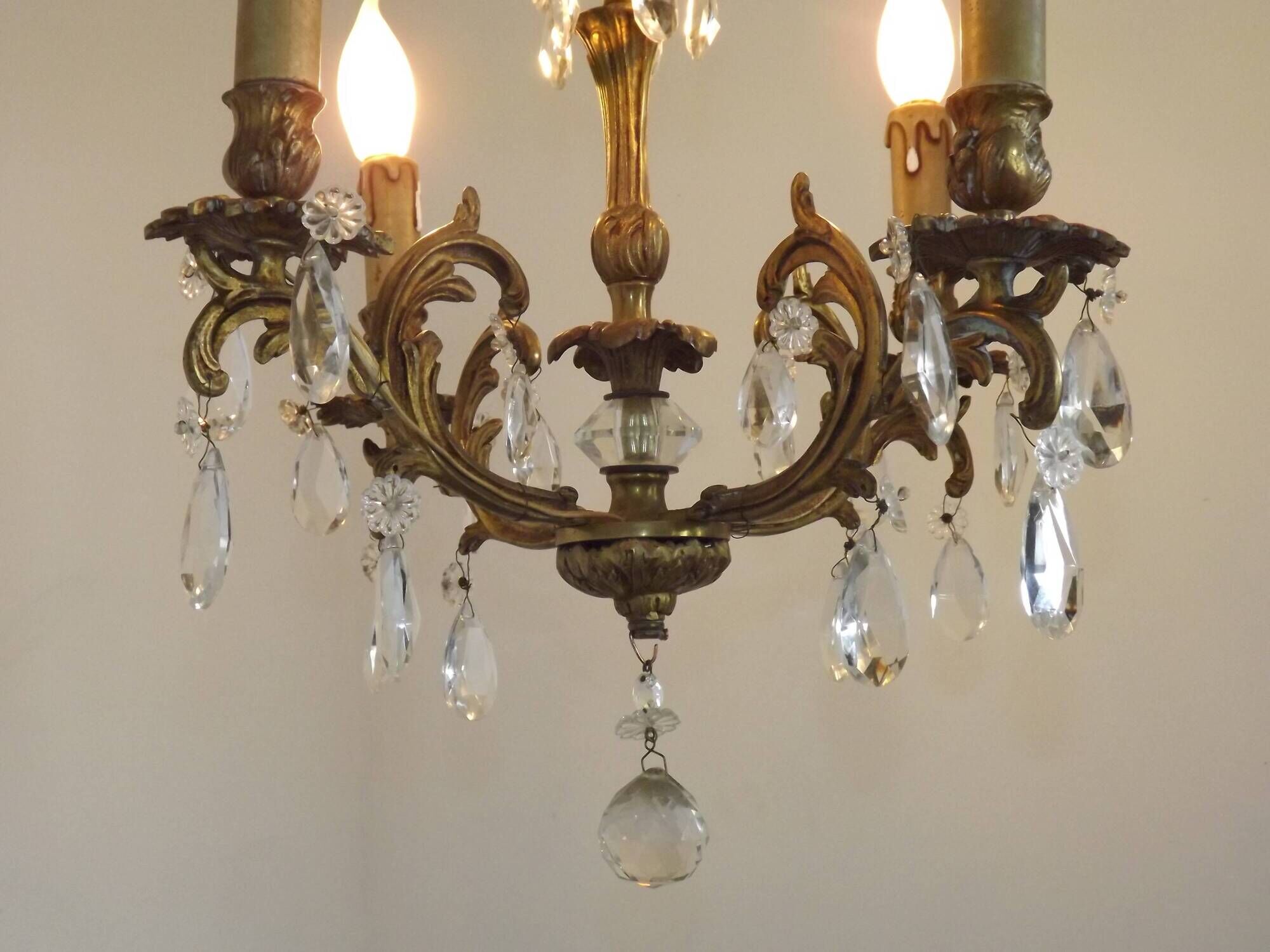French Vintage Bronze and Glass 4 Light Art Nouveau Crystal Chandelier