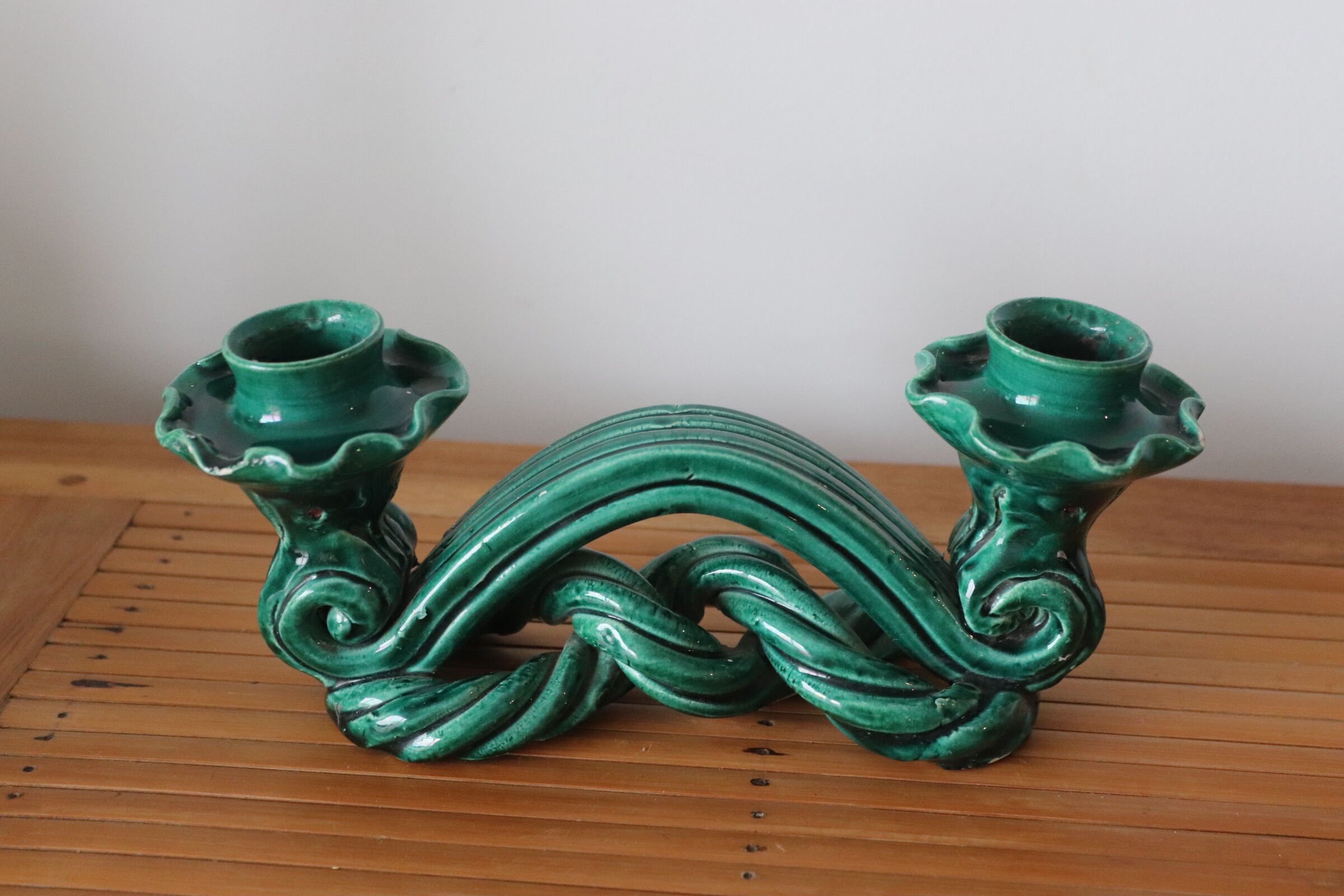 Double candle holder in green ceramic vallauris