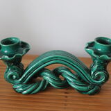 Double candle holder in green ceramic vallauris