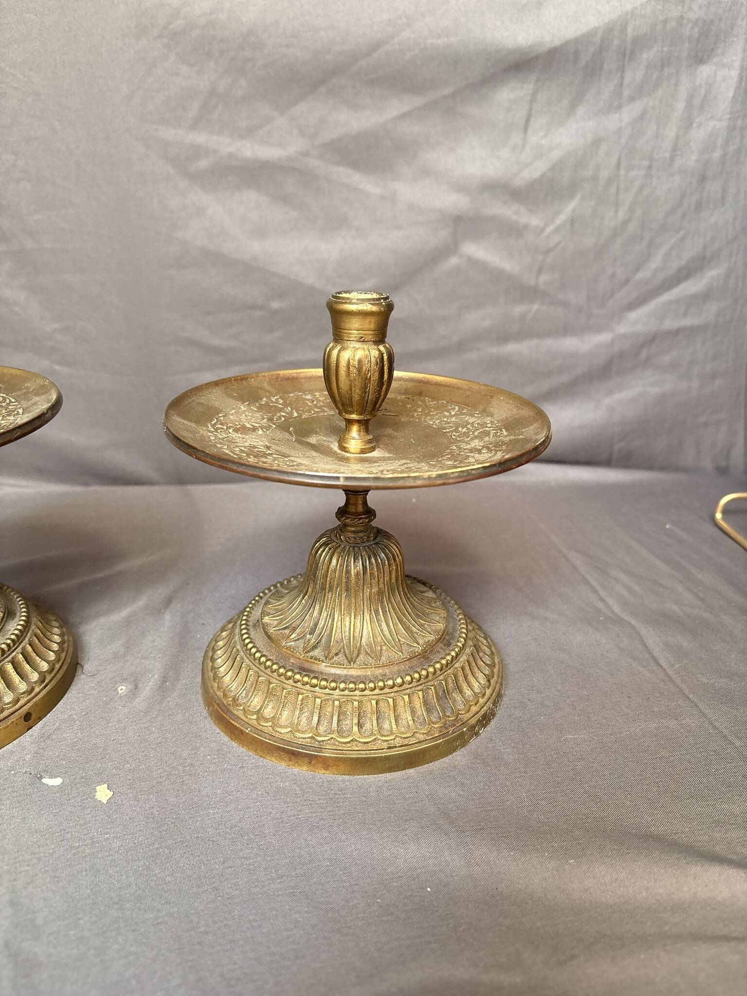 Antique Pair of Candle Holders with Saucer Empire Gilded Brass Neoclassical