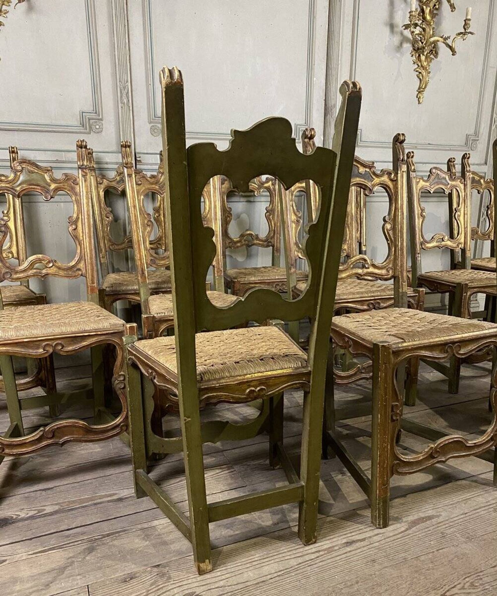 Set of 12 carved wooden chairs, Italy