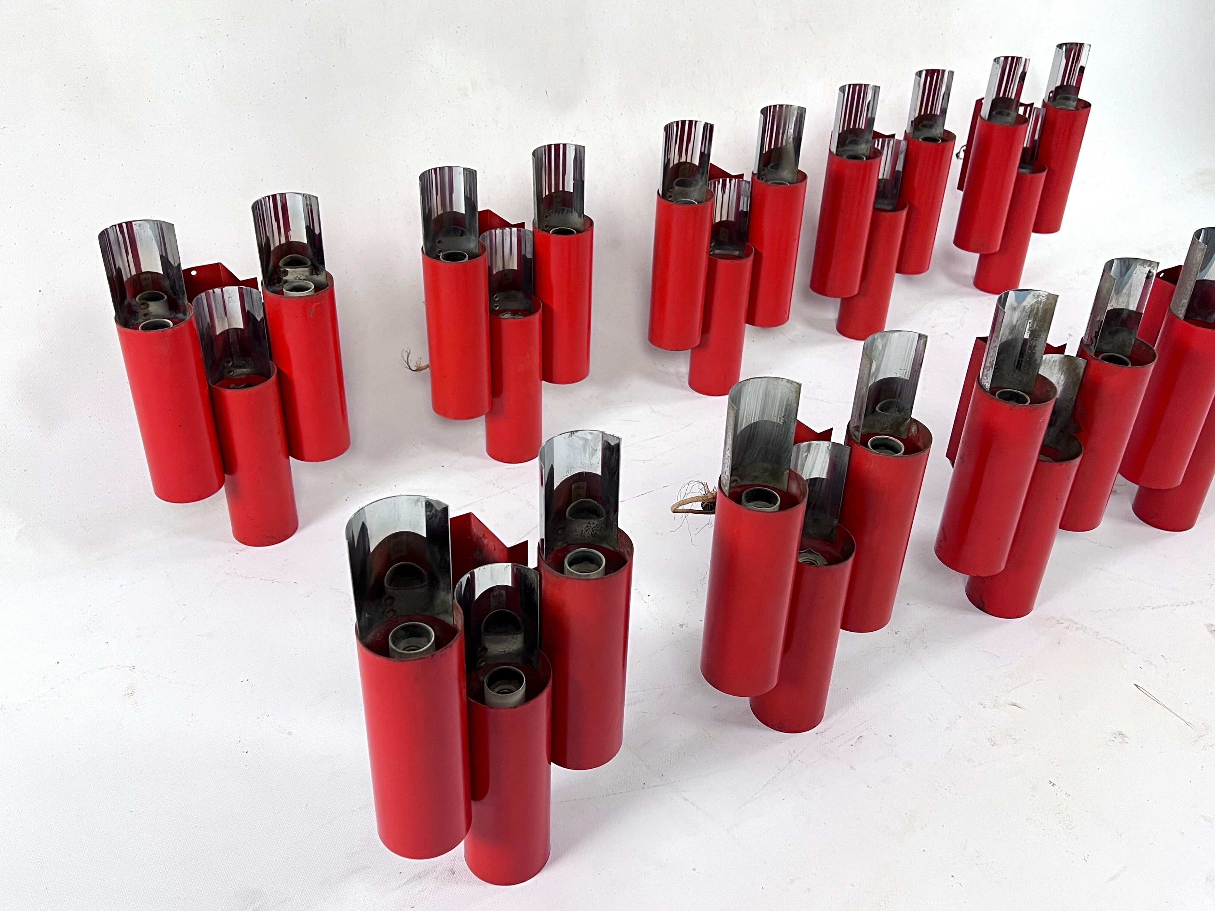 Set of 10 mid-century red and chrome wall lamps by Stilnovo, Italy 1970s