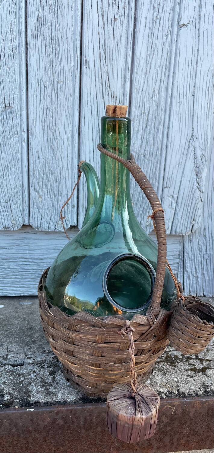 Vintage Green Italian Hand Blown Glass Wine Decanter with Ice Chamber