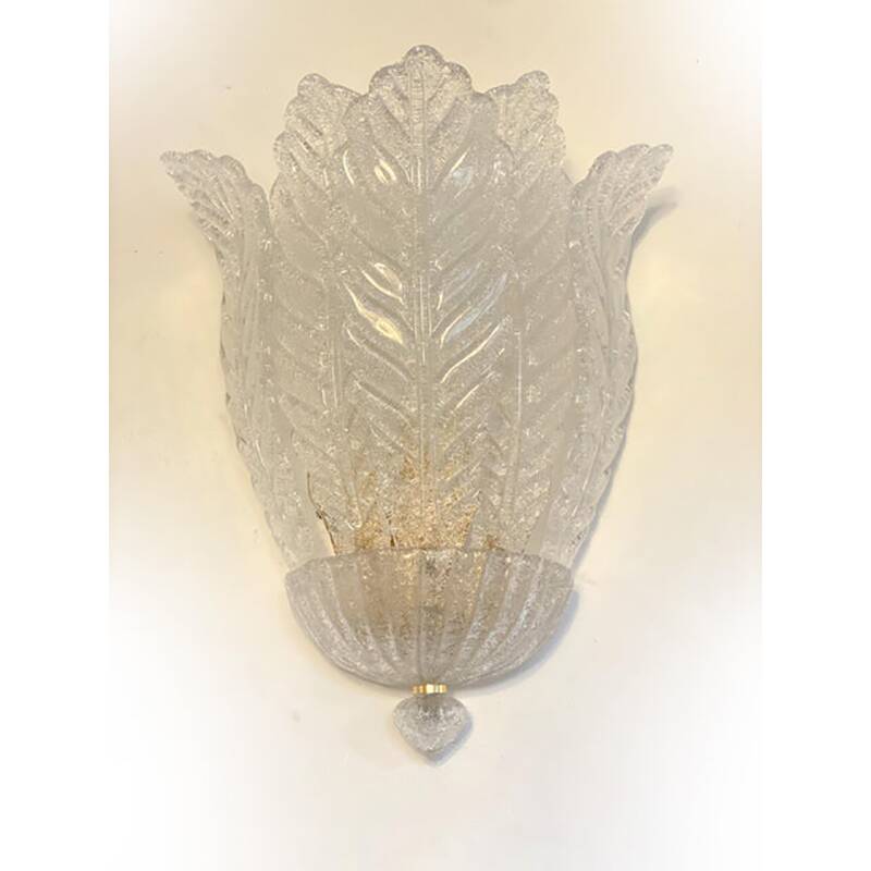 Set of Two Transparent Graniglia “Leaf” Murano Glass Wall Sconces