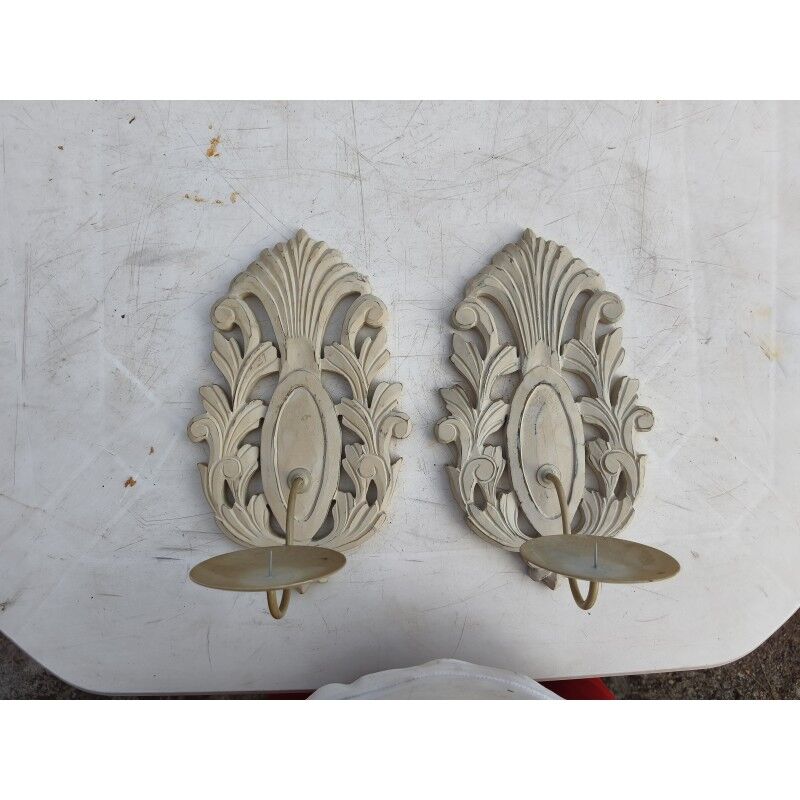 Pair of cerused wood and iron wall lights