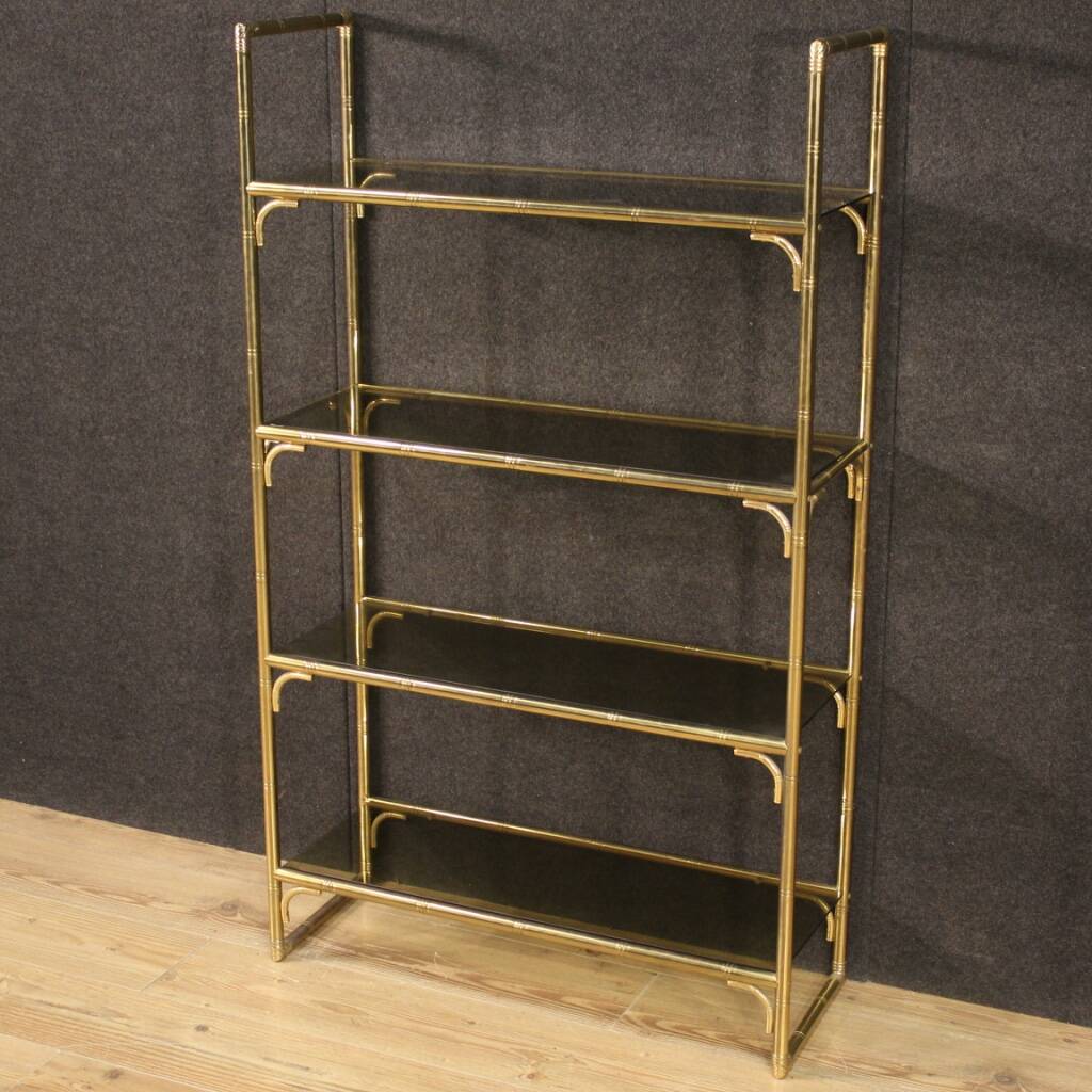 Italian Bookshelf In Golden Metal With Glass Shelves