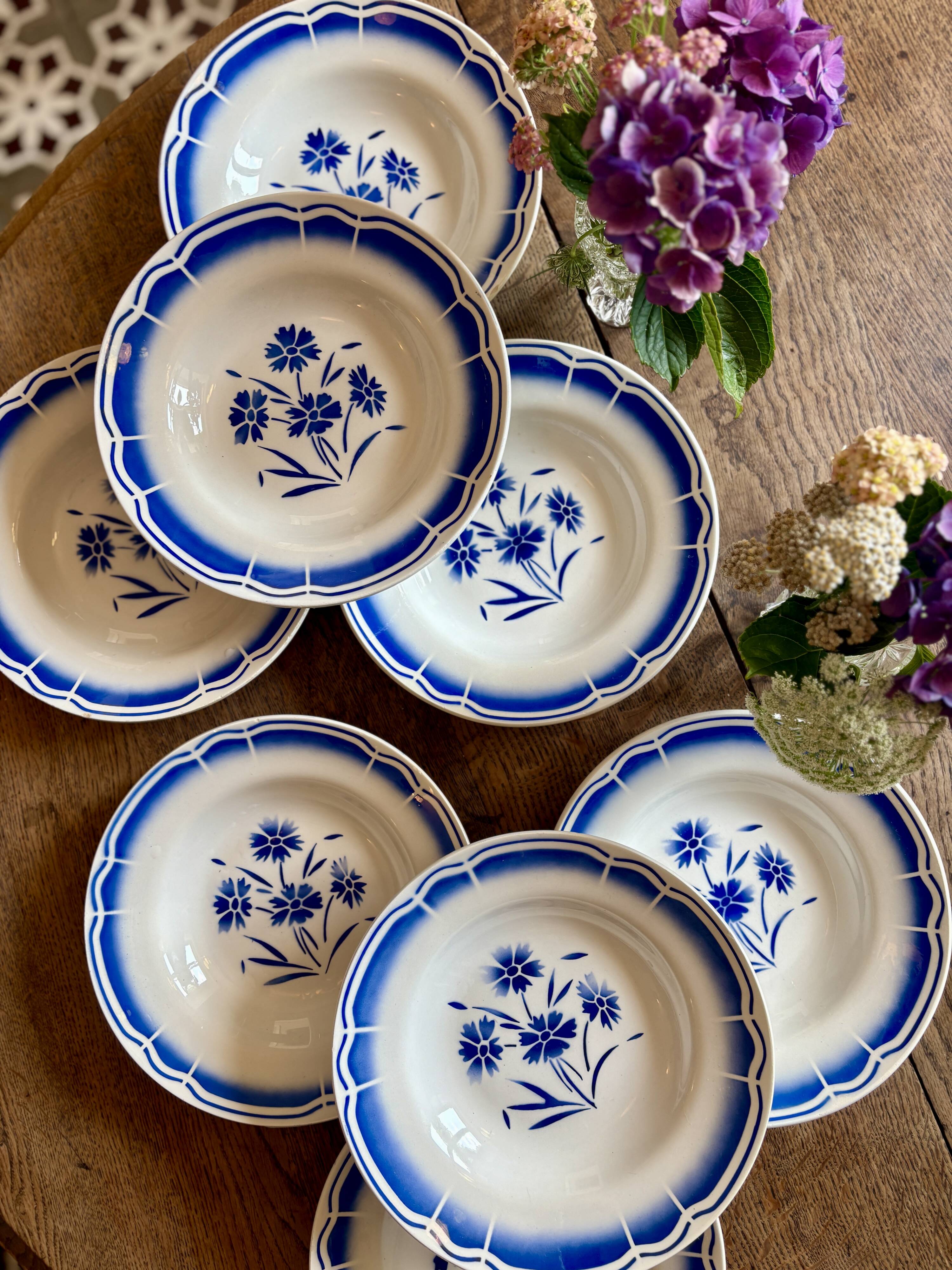 Set of 8 antique soup plates, blue flower decorations