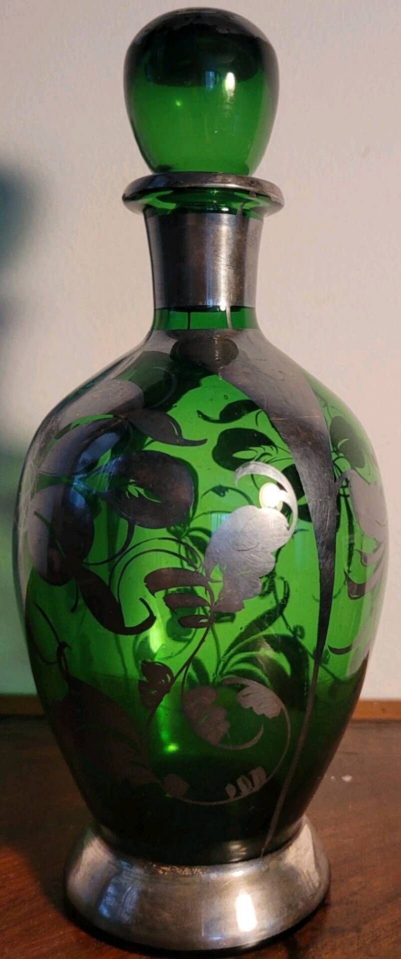 Murano glass alcohol bottle green & silver 1930s - 1940s.