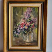 Still Life with Flower Bouquet Oil on Canvas Wooden Frame