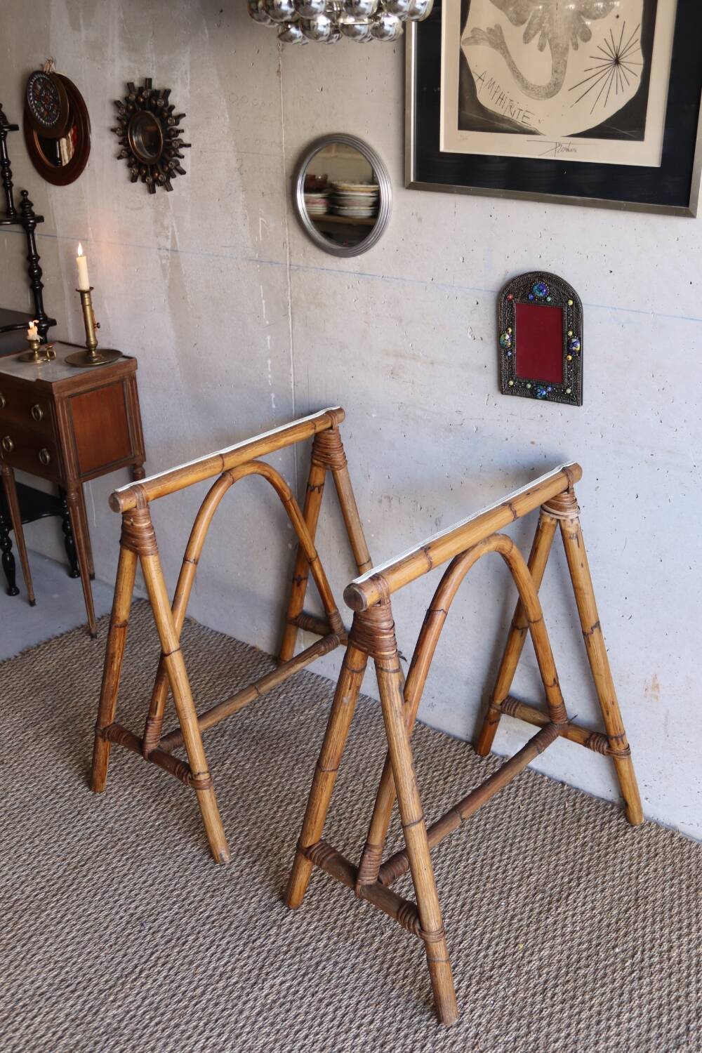 Pair of vintage rattan trestles