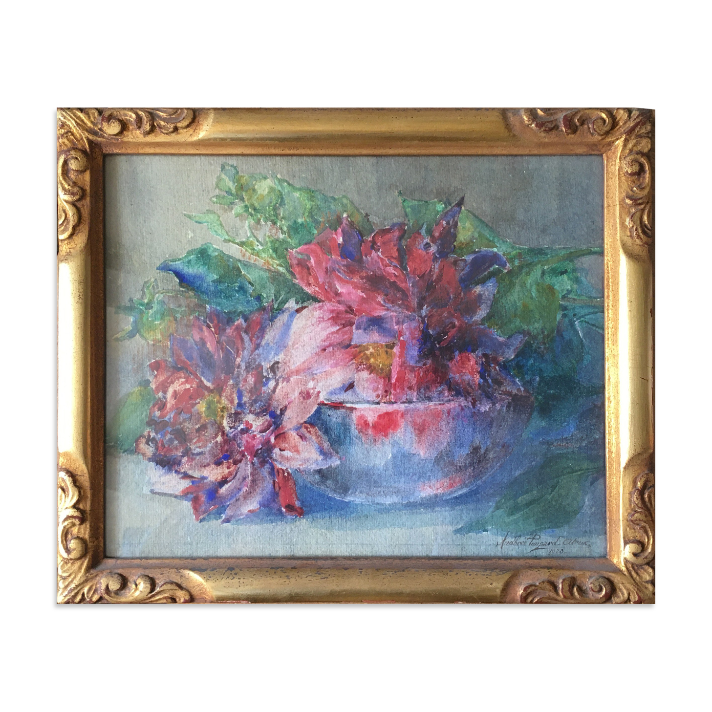 Painting Of Andhrée Ponsard (19th-XX century) Watercolor of 1923 flowers - frame