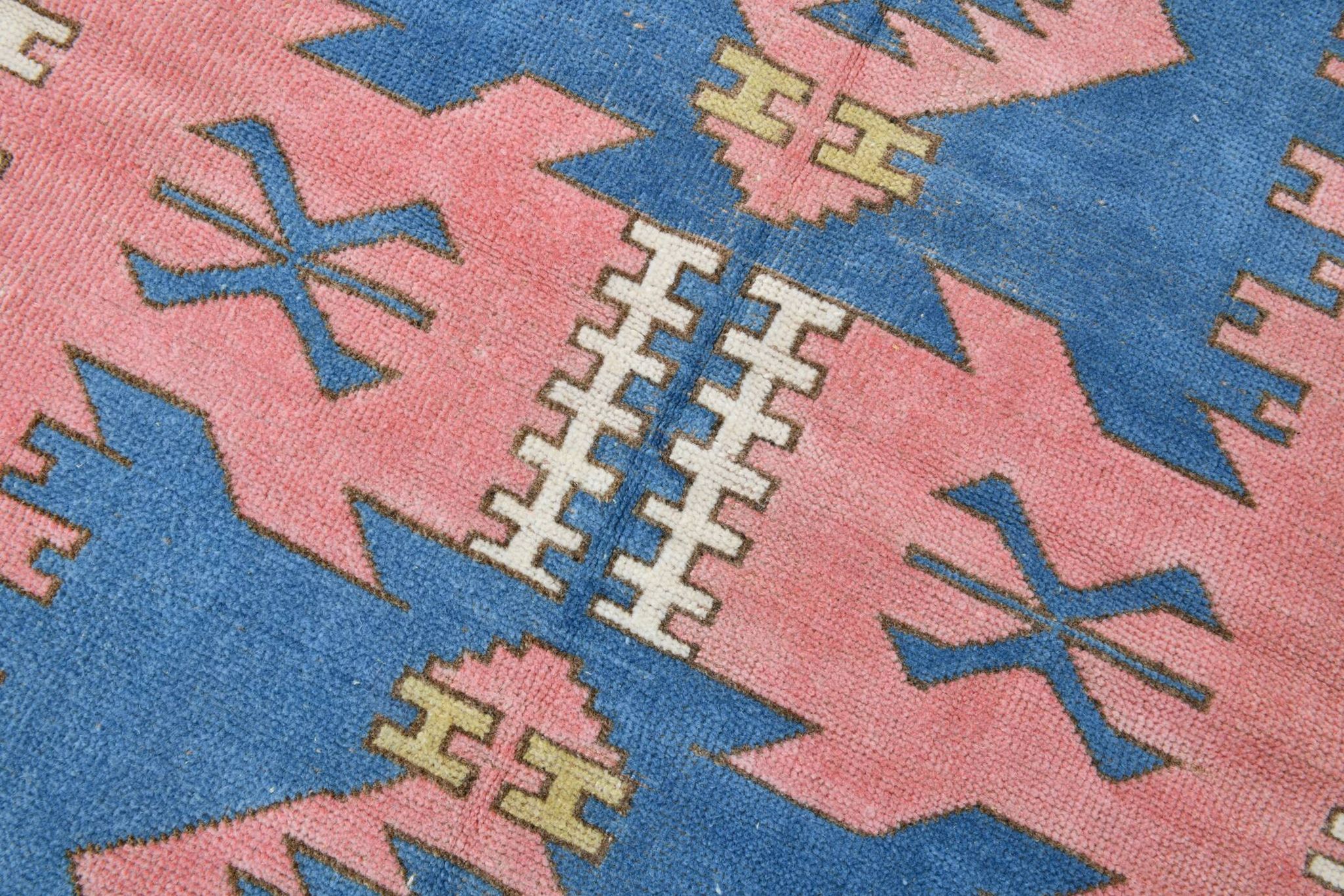 Tapis vintage bleu et rose 5x6, tapis turc en laine fait main, 141x184 cm