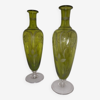 Antique soliflore vases on engraved glass stand