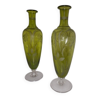 Antique soliflore vases on engraved glass stand