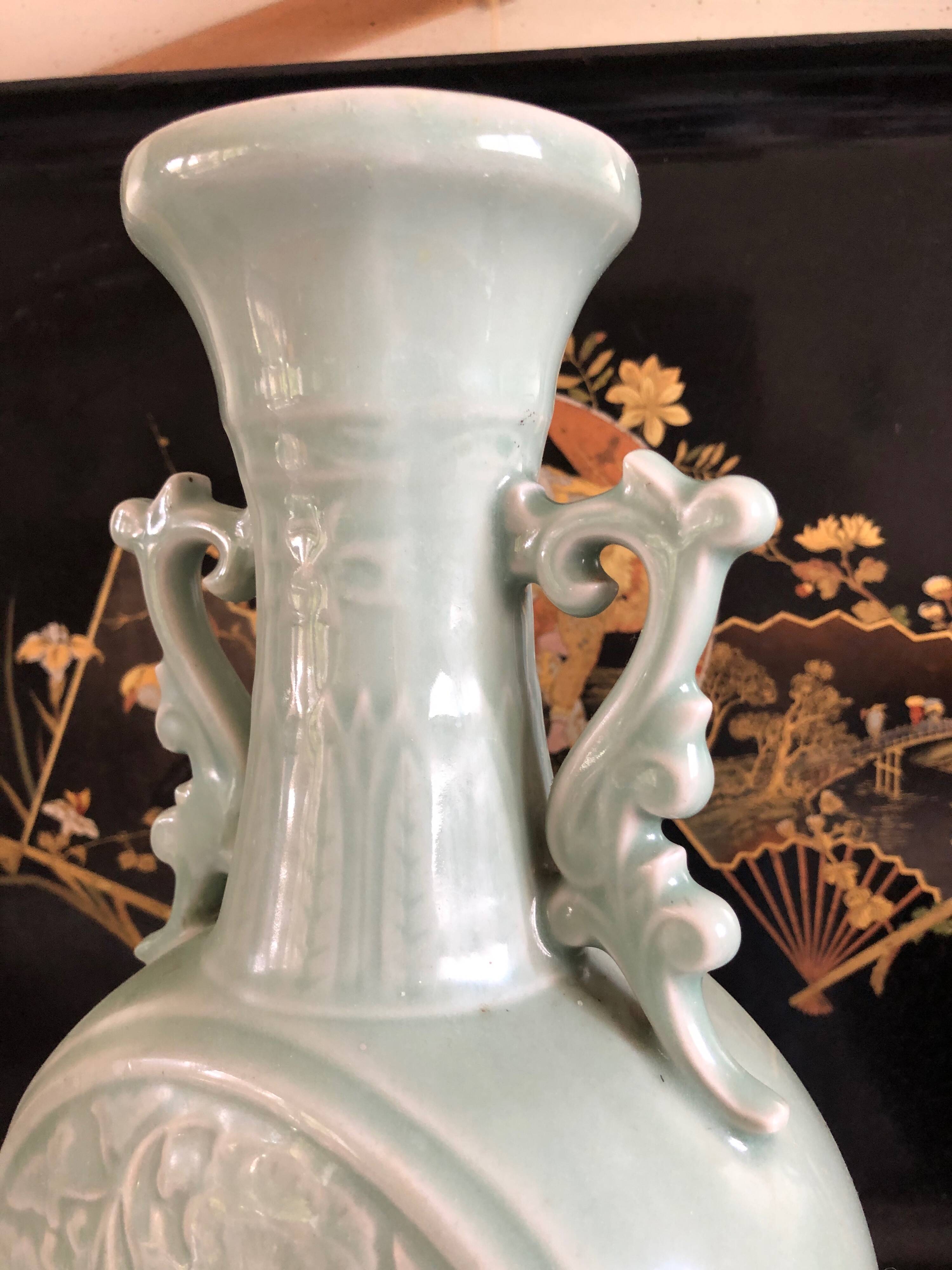 Bianhu Gourd Vase with handles Celadon porcelain/Relief decorations/China Qing dynasty late 19th century