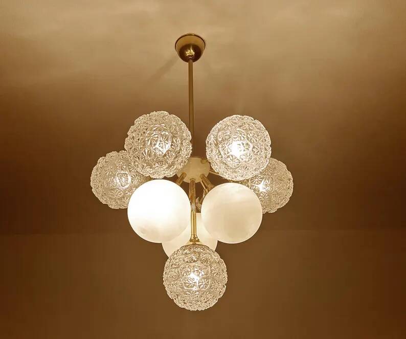 Mid Century Italian Glass & Brass Pendant Light
