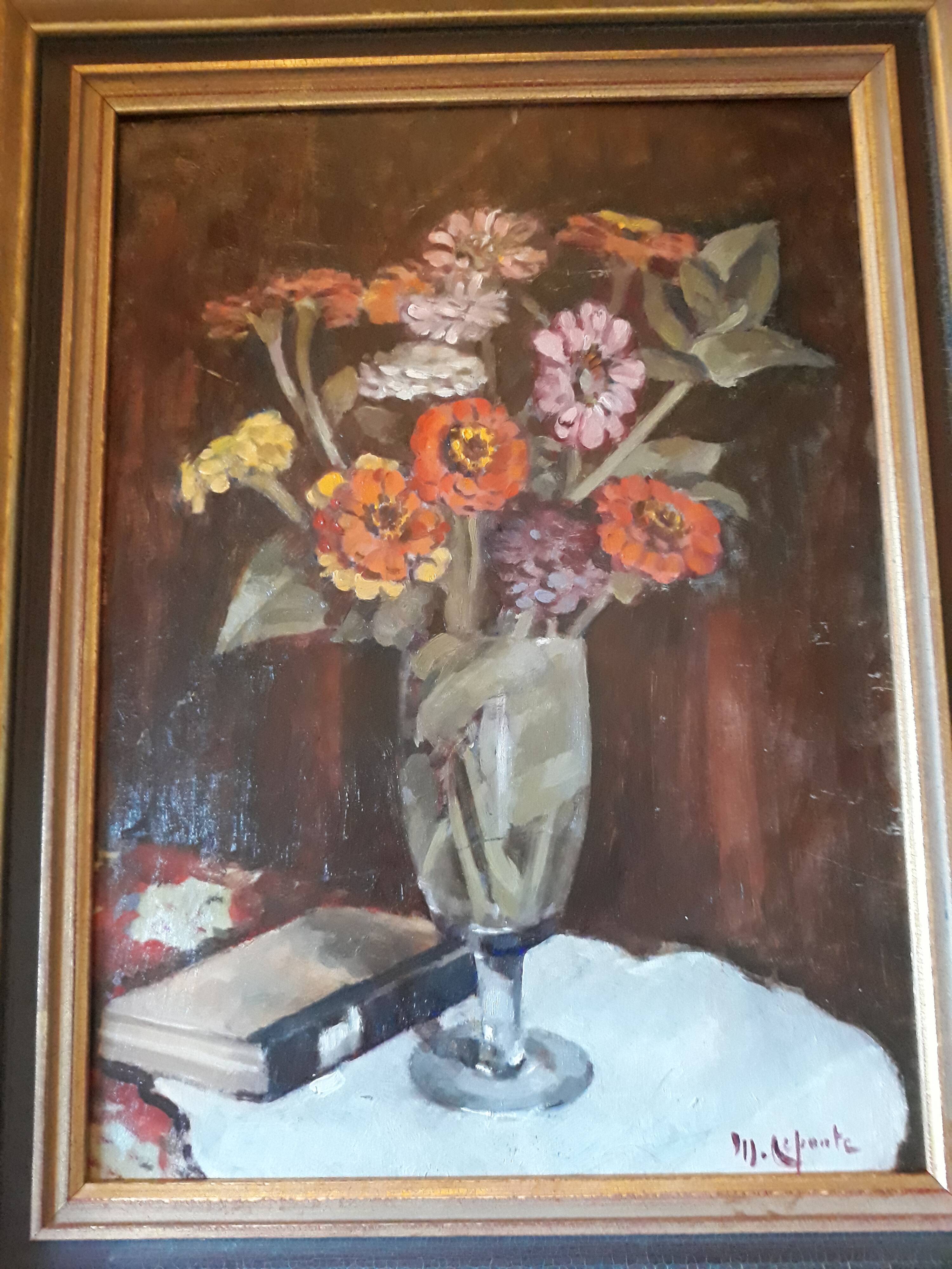 Oil on board, still life with flowers and book