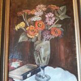 Oil on board, still life with flowers and book